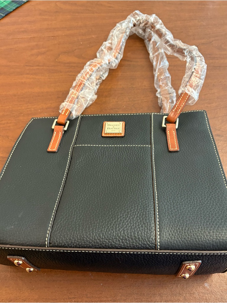Dooney & Bourke Black Pebble Leather Shoulder Bag With Tan Trim